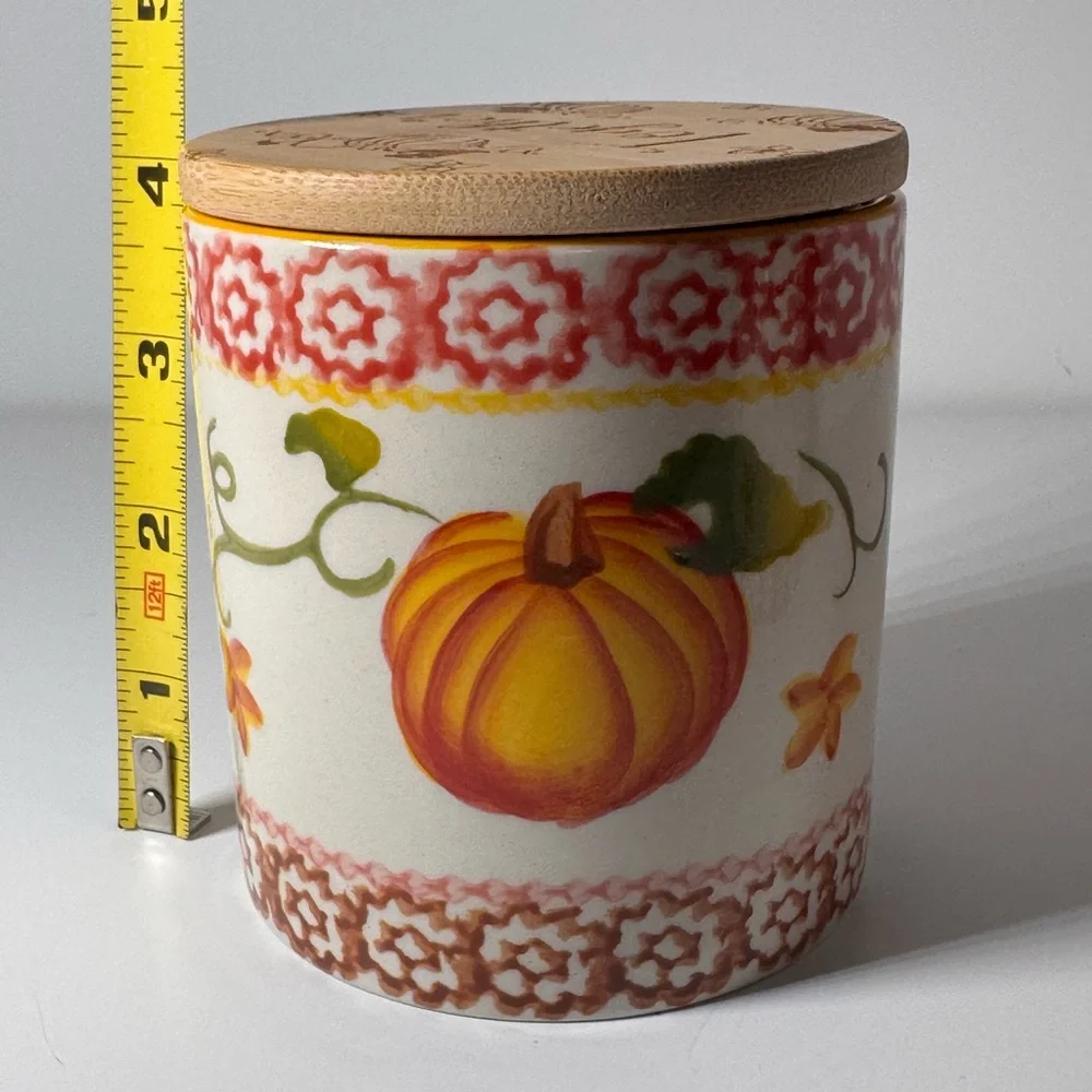 Temptations Pumpkin Ceramic Canisters Jars & Bamboo Lids Grateful & Together